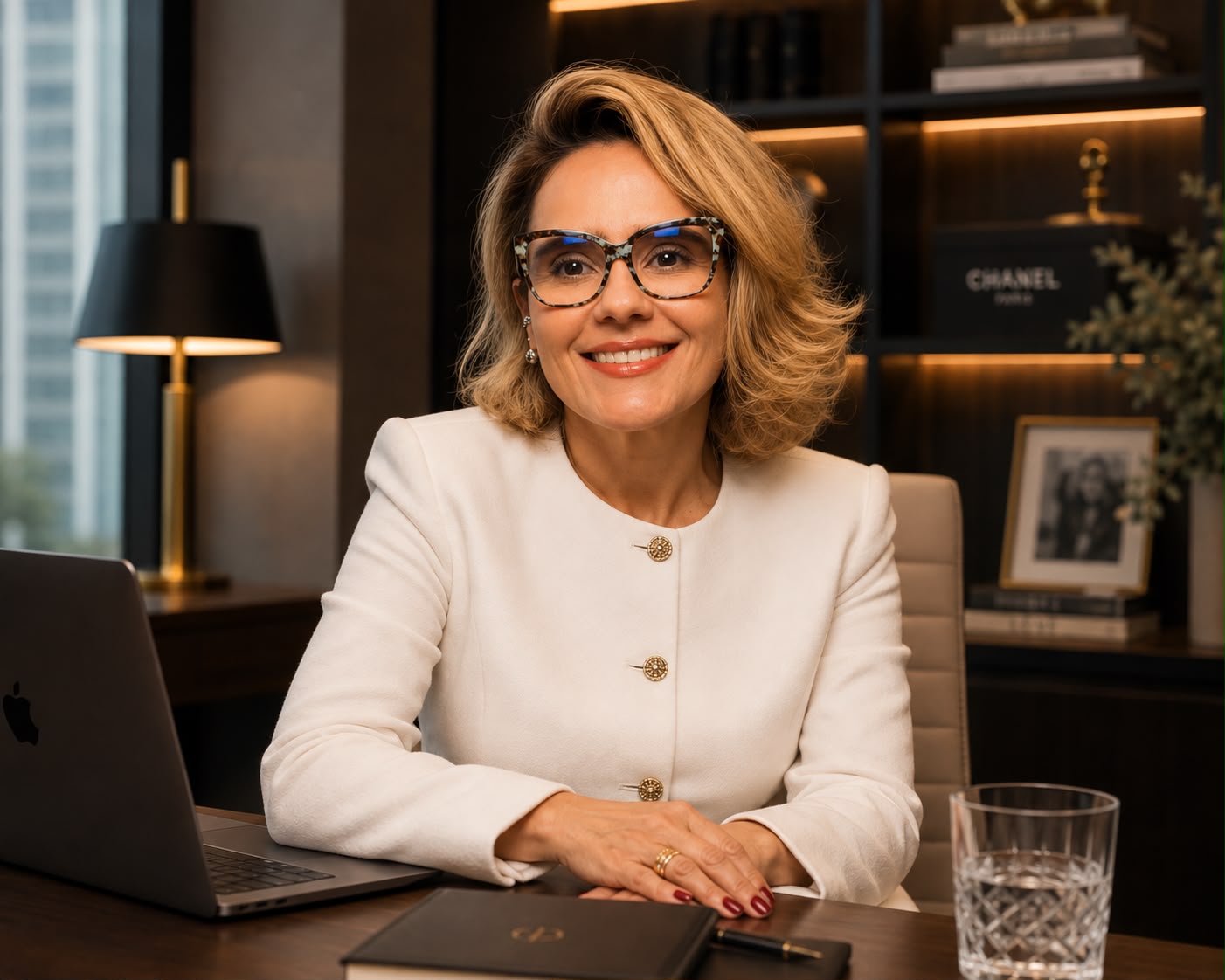 Viviane Ferreira em seu escritório, ao lado do computador